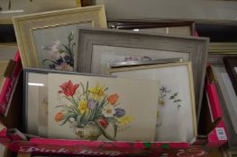 A collection of flower paintings and frames etc.