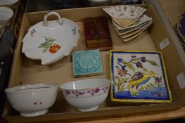 A hand painted pottery tile, five fan shaped pottery dishes, Art Nouveau tile, leaf shaped dish