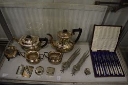 Four piece plated tea and coffee service and other items of plated ware to include a cock and hen