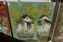 Continental river scene with buildings, oil on canvas, unframed.