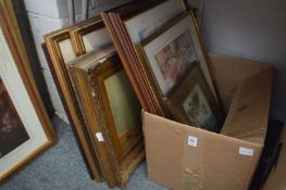 Various paintings and prints to include coastal landscape with beached fishing boats, oil on