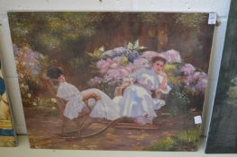 Relaxing female figures in a garden, oil on canvas, unframed.
