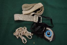 Decorative marcasite jewellery etc to include a belt, necklace and novelty eye patch.