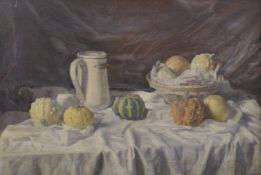 GEORGE WEISSBORT (1928 - 2013). A STILL LIFE, a mug and fruits on a white cloth. Signed and dated '