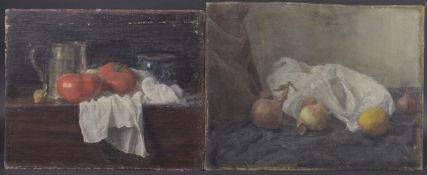 GEORGE WEISSBORT (1928 - 2013) A STILL LIFE, apples and onions on a white table cloth. canvas on