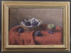 GEORGE WEISSBORT (1928 - 2013) A STILL LIFE a basket of plums and apples Signed and dated, 1985, oil