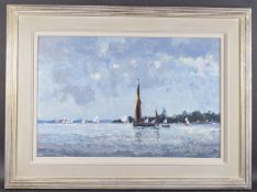 GEOFFREY CHATTEN (b.1938) Sailing boats racing of a headland. oil on board, signed, 19.25