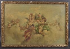 19TH CENTURY SCHOOL Cherubs in clouds with garlands of flowers, oil on canvas, indistinctly