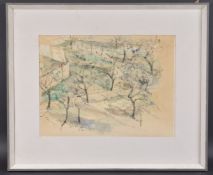 FRANCIS KELLY (20TH CENTURY) 'Terrano' watercolour, gallery label verso, 14.5