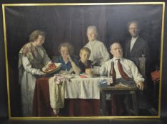 GEORGE WEISSBORT (1928 - 2013) A FAMILY GROUP, the artist, three ladies and a boy at a table. Oil on