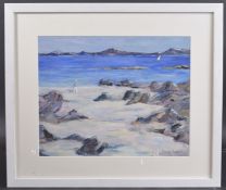 SCOTTISH CONTEMPORARY SCHOOL Woman on a white sandy beach with rocks and hills beyond, oil on canvas