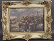 19TH CENTURY SCHOOL Medieval army being blessed before battle, oil on board, 9.5