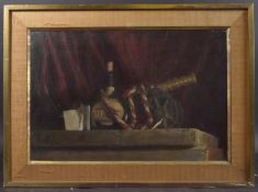 GEORGE WEISSBORT (1928 - 2013) STILL LIFE, a cannon, rope and wine bottle. Signed and dated 1963,