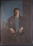 GEORGE WEISSBORT (1928 - 2013) A HALF LENGTH PORTRAIT OF A MAN his hands in front of him. Oil on