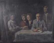 GEORGE WEISSBORT (1928 - 2013) A GROUP OF PEOPLE SITTING AT A TABLE. Oil on panel, unframed 120cm