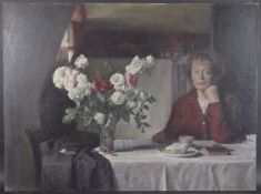 GEORGE WEISSBORT (1928 - 2013) A PORTRAIT OF A LADY at a table with cup and saucer and a vase of