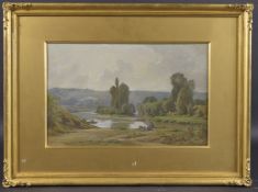 EMILE CHARLES LAMBINET (1815-1877) River landscape with fishing boat and figures resting on the