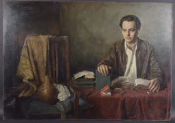 GEORGE WEISSBORT (1928 - 2013) A YOUNG MAN SITTING AT A TABLE with books and chair. Signed, oil on