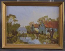 EDMUND PERRINI Farm buildings by a pond, oil on panel, signed, 7