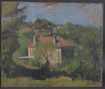 GEORGE WEISSBORT (1928 - 2013) CONTINENTAL SCENE horses and trees Signed, oil on board, unframed.