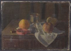 GEORGE WEISSBORT (1928 - 2013). STILL LIFE, a chalice and apples. Unframed, canvas on board. 33 x