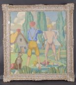 20TH CENTURY SCHOOL Cottage garden with two young men dressing after a swim. oil on board, 26