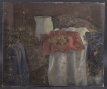 GEORGE WEISSBORT (1928 - 2013) STILL LIFE a jug and berries on a cloth. Unframed, board. 38cm x