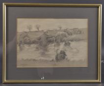 GEORGE DENHOLM ARMOUR (1864- 1949) Foxhounds on the scent crossing a river, pencil and monochrome