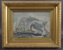 19TH / EARLY 20TH CENTURY Steam paddle ship and sailing boat off a mountain coastline, oil on board,