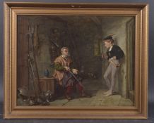 19TH CENTURY SCHOOL Interior scene of an armory with swordsman and pupil. oil on canvas, monogrammed