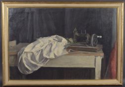 GEORGE WEISSBORT (1928 - 2013) A SEWING MACHINE ON A TABLE with a white cloth Signed and dated, 60cm
