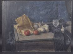 GEORGE WEISSBORT (1928 - 2013) A STILL LIFE fruit, sea shells and glass on a blue cloth. Oil on