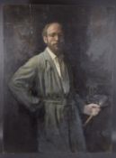 GEORGE WEISSBORT (1928 - 2013) A PORTRAIT, 3/4 lengthj of the artist holding a paint brush. Oil on