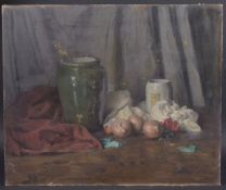GEORGE WEISSBORT (1928 - 2013) A STILL LIFE vases and onions Oil on canvas on board, unframed. 46ins