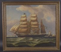19TH CENTURY MARITIME SCHOOL A Greek three-mast sailing ship leaving harbour, oil on canvas, 22.5