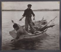 AFTER HENRY SCOTT TUKE Boys fishing from a rowing boat, black and white print, signed, unframed 15.