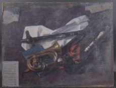 GEORGE WEISSBORT (1928 - 2013) MUSICAL INSTRUMENTS AND SHEET MUSIC Oil on canvas, unframed 59cm