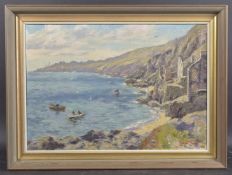 ERNEST KNIGHT (BRITISH 1915-1995) 'Hallsands', boats off a Devon coastline, oil on board,