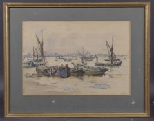 BRITISH SCHOOL (EARLY 20TH CENTURY) Moored boats on a riverbank, possibly the River Thames,