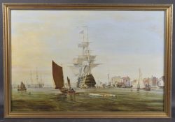 ROLAND WILLIAMS (20TH CENTURY) Frigate with ensign raised with other vessels in a harbour, oil on