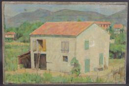 GEORGE WEISSBORT (1928 - 2013) THE BARN Oil on panel, unframed. 30cm x 46cm