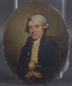18TH CENTURY SCHOOL Portrait of a seated gentleman, wearing blue tunic, gold striped waistcoat and