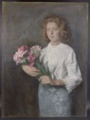 GEORGE WEISSBORT (1928 - 2013) A PORTRAIT, 3/4 length of a young girl holding a bunch of flowers.