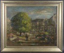 GEORGE WEISSBORT (1928 - 2013) VILLAGE LIFE Oil on panel, framed 74cm x 90cm