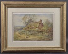 SYVESTER STANNARD RBA (1870-1951) Thatched cottage with a woman on path and chickens feeding,
