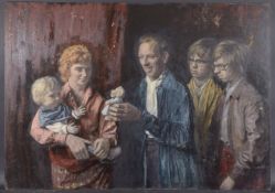 GEORGE WEISSBORT (1928 - 2013) A FAMILY GROUP, a young boy being shown a teddy bear. Oil on panel,