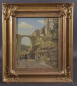 19TH CENTURY SCHOOL North African view of a viaduct with passing traveller on a mule, oil on