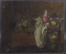 GEORGE WEISSBORT (1928 - 2013). STILL LIFE, A BUST AND FRUITS Oil on board, unframed 146 x 54cms