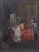 GEORGE WEISSBORT (1928 - 2013) A STILL LIFE, A pewter mug, apple and grapes. Unframed, board. 46 x