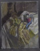 GEORGE WEISSBORT (1928 - 2013) STILL LIFE, a pewter mug, apple and grapes. Unframed, canvas on